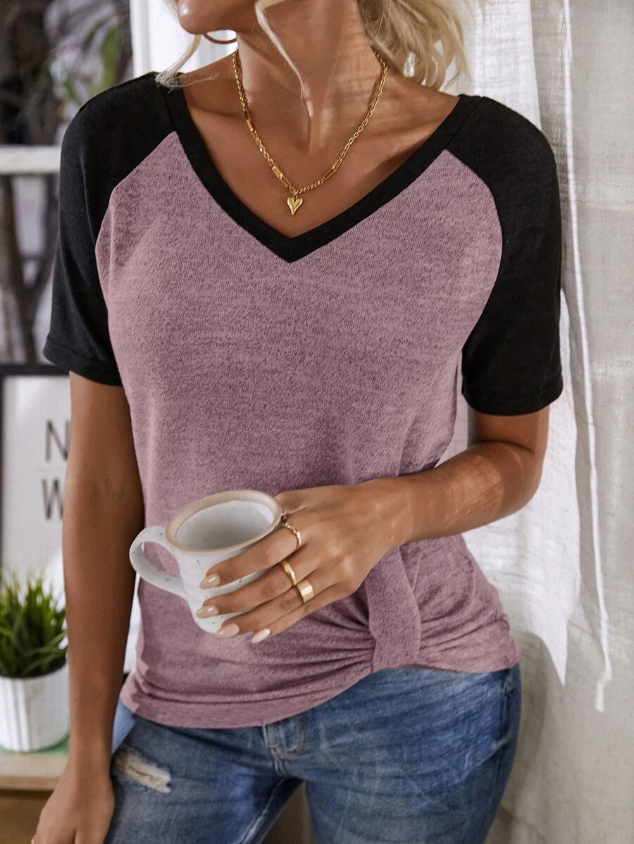 EMERY ROSE Colourblock Raglan Sleeve Ruched Hem Top - Mauve Purple - View 1