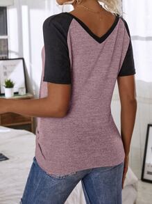 EMERY ROSE Colourblock Raglan Sleeve Ruched Hem Top - Mauve Purple - View 2