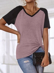 EMERY ROSE Colourblock Raglan Sleeve Ruched Hem Top - Mauve Purple - View 4