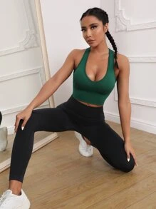 Easithlete Medium Support  Seamless Racer Back Sports Bra - Dark Green - View 4