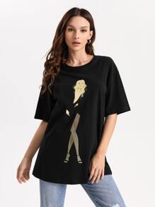 La Grande Lizon Figure Print Drop Shoulder Oversize Tee - Black - View 1