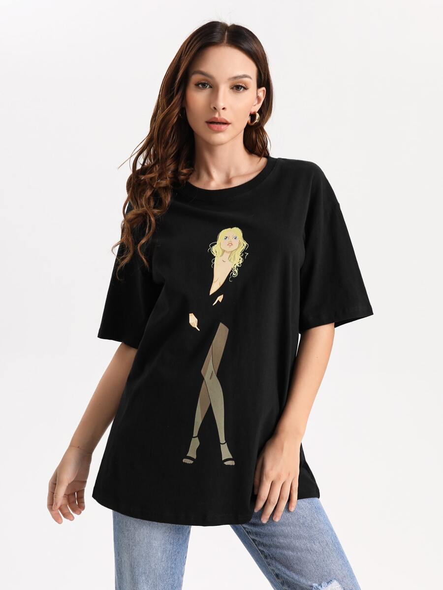 La Grande Lizon Figure Print Drop Shoulder Oversize Tee - Black - View 1