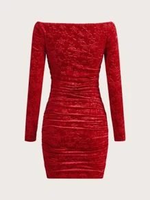 SHEIN ICON Cut Out Twist Front Off Shoulder Ruched Velvet Bodycon Dress - Red - View 2