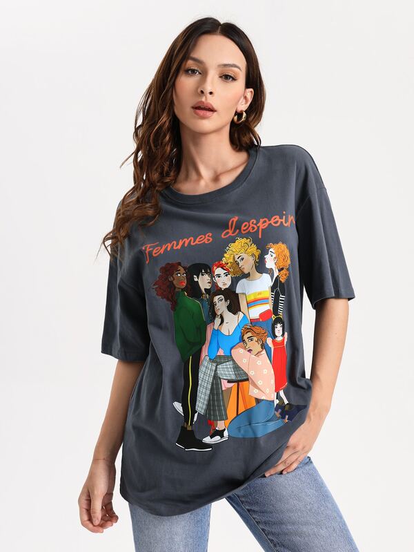La Grande Lizon Figure & Slogan Graphic Drop Shoulder Oversize Tee