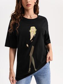 La Grande Lizon Figure Print Drop Shoulder Oversize Tee - Black - View 4