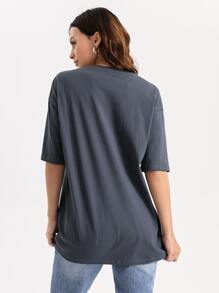 La Grande Lizon Áo thun nữ Con số Slogan Giải trí - Màu xanh bụi bặm - Xem 2