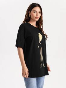 La Grande Lizon Figure Print Drop Shoulder Oversize Tee - Black - View 5