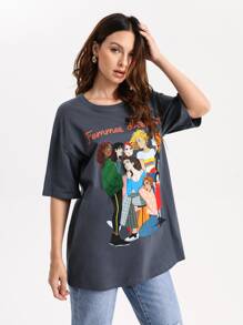 La Grande Lizon Áo thun nữ Con số Slogan Giải trí - Màu xanh bụi bặm - Xem 5