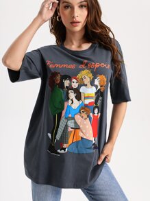 La Grande Lizon Áo thun nữ Con số Slogan Giải trí - Màu xanh bụi bặm - Xem 6