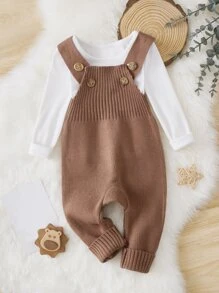 Infant Brown Knitted Jumpsuit With Suspender Pants - Brown - View 1