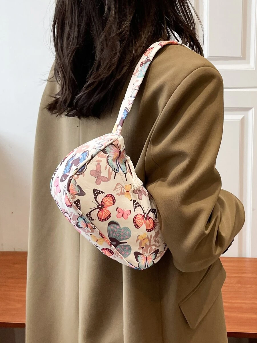 Butterfly Print Hobo Bag - Multicolor - View 1
