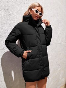 Chiquease Abrigo acolchado con cremallera y hombros caídos para el invierno - Negro - Ver 3