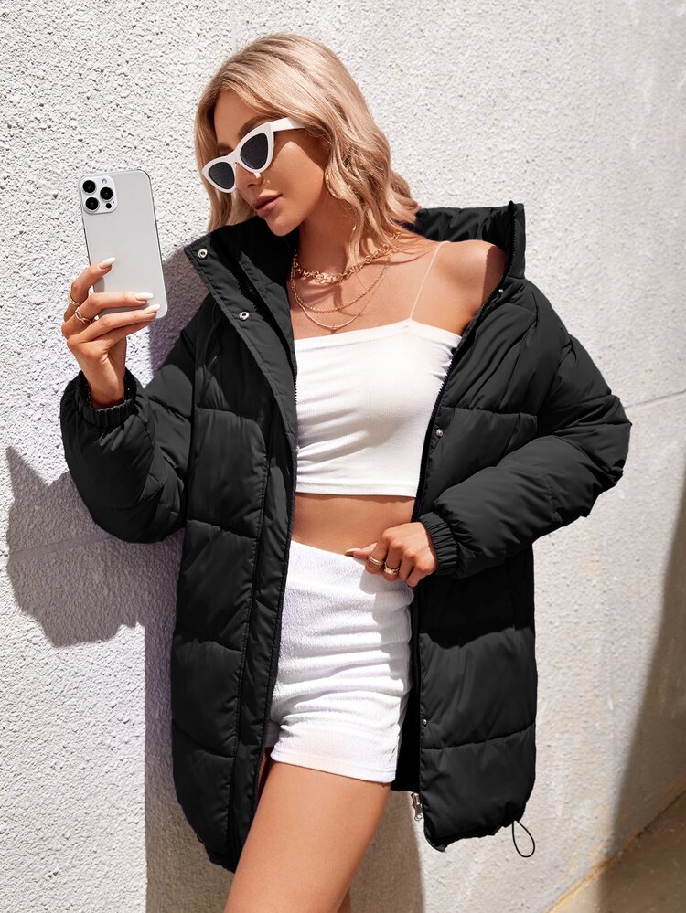 Chiquease Drop Shoulder Zipper Padded Padded Coat Clothes Winter - Black - View 4