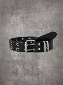 ROMWE Grunge Punk 星星細節金屬氣眼裝飾方形扣皮帶 - 黑色 - 查看 2