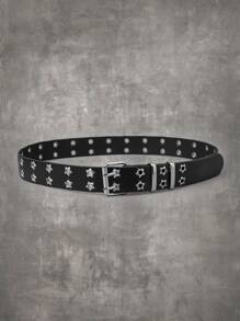 ROMWE Grunge Punk 星星細節金屬氣眼裝飾方形扣皮帶 - 黑色 - 查看 3