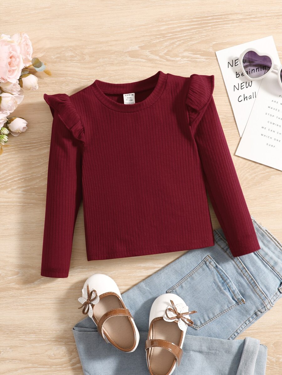 SHEIN Leap Crew Baby Girl Ruffle Trim Ribbed Knit Tee - Maroon - View 1