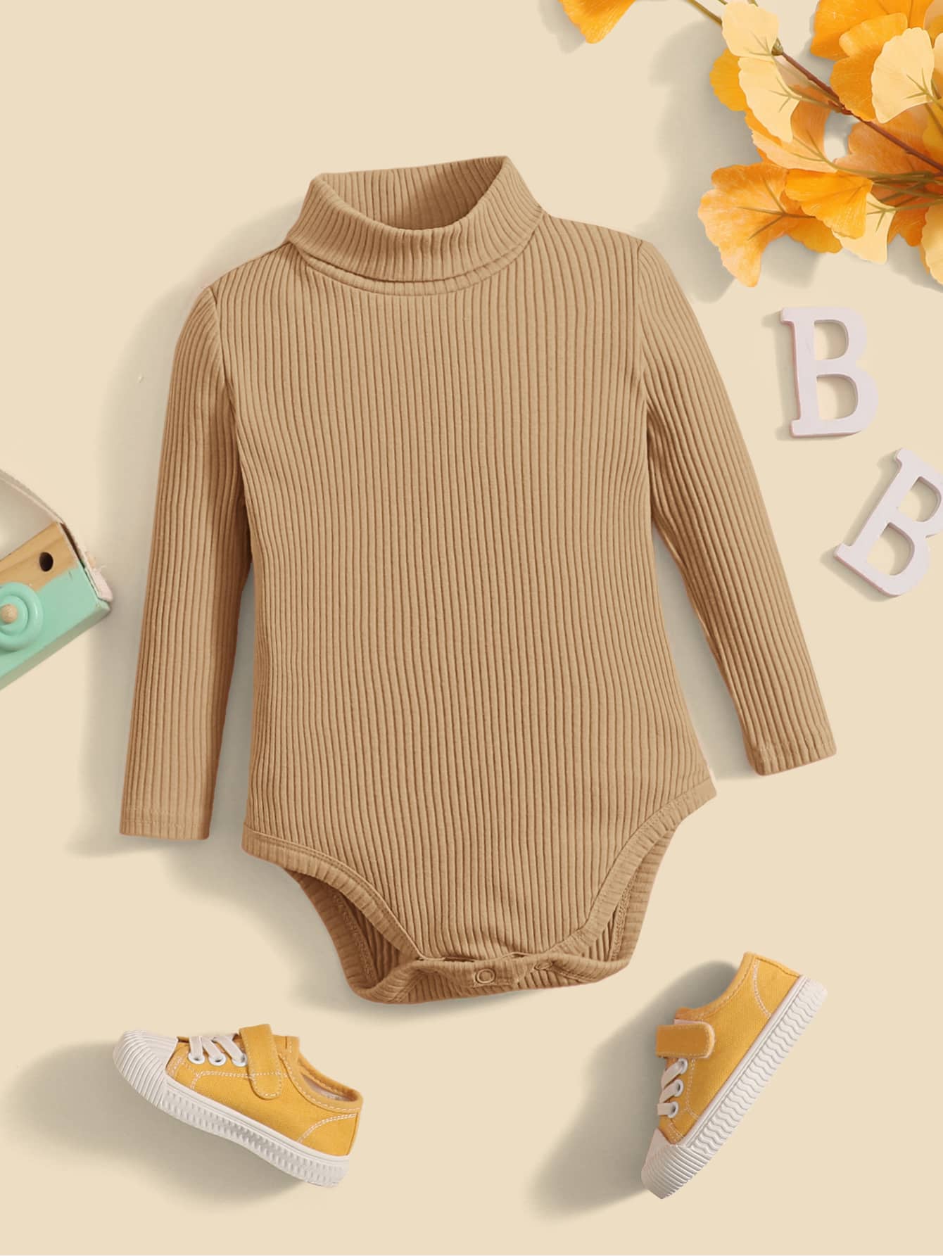 SHEIN Đứa bé gái Đồ đan Ribbed Áo cao cổ Áo liền quần chặt , Thoải mái , Dễ thương Và vui tươi , Thích hợp Cho mùa hè - Lạc đà - Xem 1