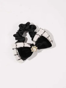 假珍珠和蝴蝶結裝飾髮圈,優雅時尚 - 黑色 - 查看 2