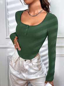 SHEIN Unity Scoop Neck Rib-knit Crop Tee - Dark Green - View 3