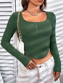SHEIN Unity Scoop Neck Rib-knit Crop Tee - Dark Green - View 4