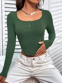 SHEIN Unity Scoop Neck Rib-knit Crop Tee - Dark Green - View 5