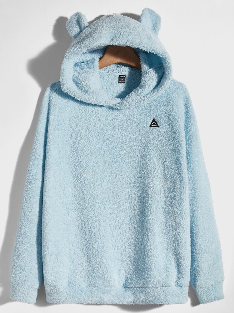 Manfinity Men 3D Ears Patched Teddy Hoodie - Baby Blue - View 1