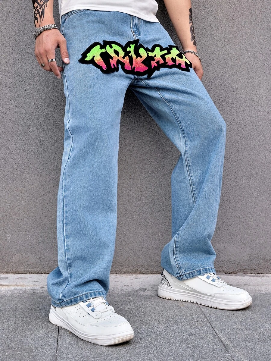 Manfinity Men Letter Graphic Straight Leg Jeans - Light Wash - View 1