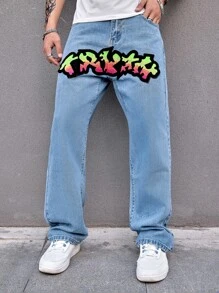 Manfinity Men Letter Graphic Straight Leg Jeans - Light Wash - View 3