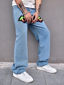 Manfinity Men Letter Graphic Straight Leg Jeans - Light Wash - View 4