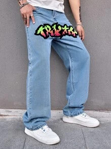 Manfinity Men Letter Graphic Straight Leg Jeans - Light Wash - View 5