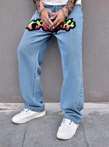 Manfinity Men Letter Graphic Straight Leg Jeans - Light Wash - View 6