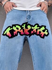 Manfinity Men Letter Graphic Straight Leg Jeans - Light Wash - View 7