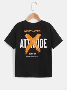 SHEIN Leap Crew 青少年男孩加大码格言印花圆领短袖 T 恤 - 黑色 - 查看 1