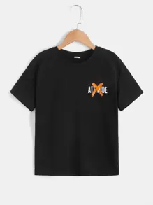 SHEIN Leap Crew 青少年男孩加大码格言印花圆领短袖 T 恤 - 黑色 - 查看 2