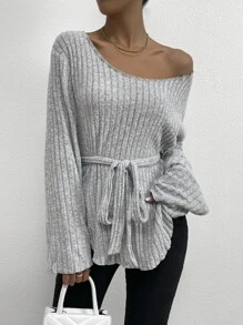 SHEIN LUNE Scoop Neck Belted Tee - Light Grey - View 3