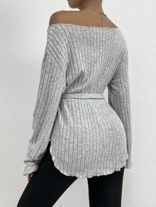 SHEIN LUNE Scoop Neck Belted Tee - Light Grey - View 4