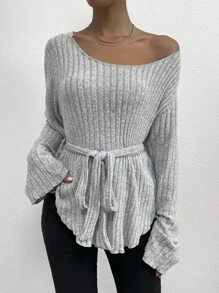 SHEIN LUNE Scoop Neck Belted Tee - Light Grey - View 1