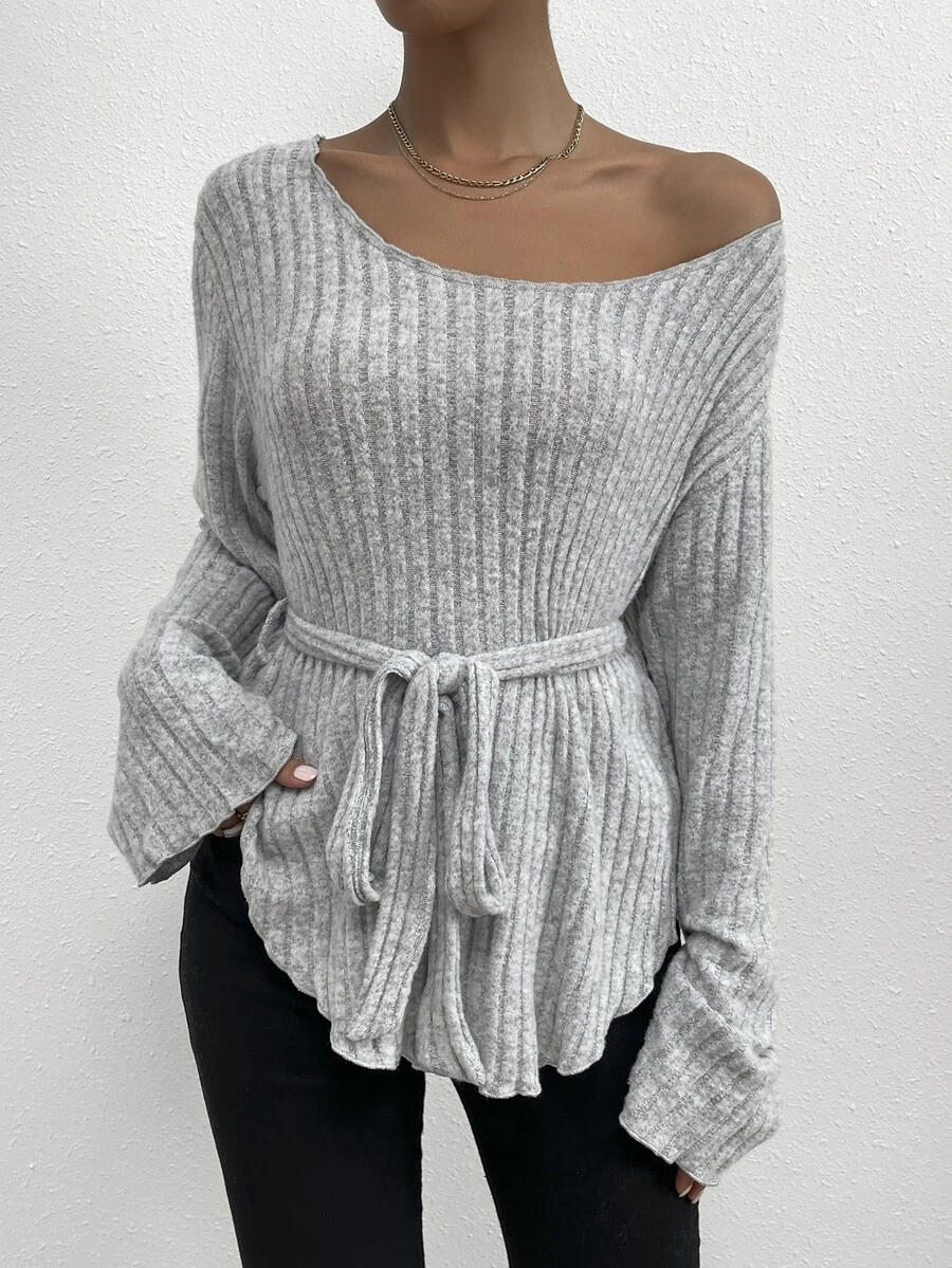 SHEIN LUNE Scoop Neck Belted Tee - Light Grey - View 1