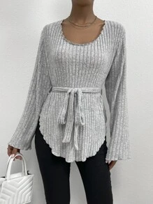 SHEIN LUNE Scoop Neck Belted Tee - Light Grey - View 5