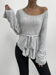 SHEIN LUNE Scoop Neck Belted Tee - Light Grey - View 6