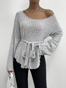 SHEIN LUNE Scoop Neck Belted Tee - Light Grey - View 2