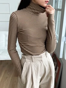 DAZY Camiseta A Rayas Con Cuello Alto - Marrón Mocha - Ver 3