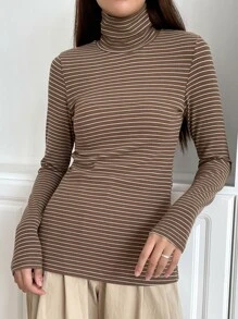 DAZY Camiseta A Rayas Con Cuello Alto - Marrón Mocha - Ver 5