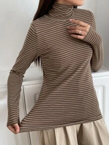 DAZY Camiseta A Rayas Con Cuello Alto - Marrón Mocha - Ver 6