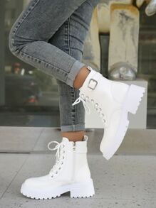 Giày bốt nữ thời trang cao đến giữa bắp chân có khóa kéo bên hông, buộc dây, trang trí khóa thắt lưng, bốt, màu trắng, cỡ lớn - trắng - Xem 1