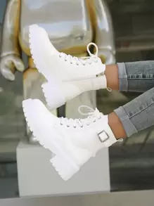 Giày bốt nữ thời trang cao đến giữa bắp chân có khóa kéo bên hông, buộc dây, trang trí khóa thắt lưng, bốt, màu trắng, cỡ lớn - trắng - Xem 3