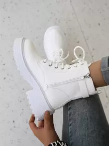 Giày bốt nữ thời trang cao đến giữa bắp chân có khóa kéo bên hông, buộc dây, trang trí khóa thắt lưng, bốt, màu trắng, cỡ lớn - trắng - Xem 4