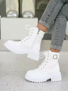 Giày bốt nữ thời trang cao đến giữa bắp chân có khóa kéo bên hông, buộc dây, trang trí khóa thắt lưng, bốt, màu trắng, cỡ lớn - trắng - Xem 6