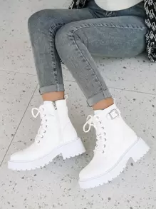 Giày bốt nữ thời trang cao đến giữa bắp chân có khóa kéo bên hông, buộc dây, trang trí khóa thắt lưng, bốt, màu trắng, cỡ lớn - trắng - Xem 7