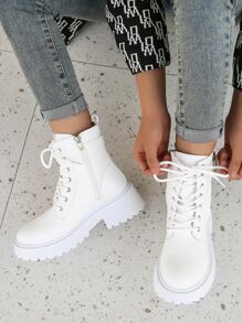 Giày bốt nữ thời trang cao đến giữa bắp chân có khóa kéo bên hông, buộc dây, trang trí khóa thắt lưng, bốt, màu trắng, cỡ lớn - trắng - Xem 8